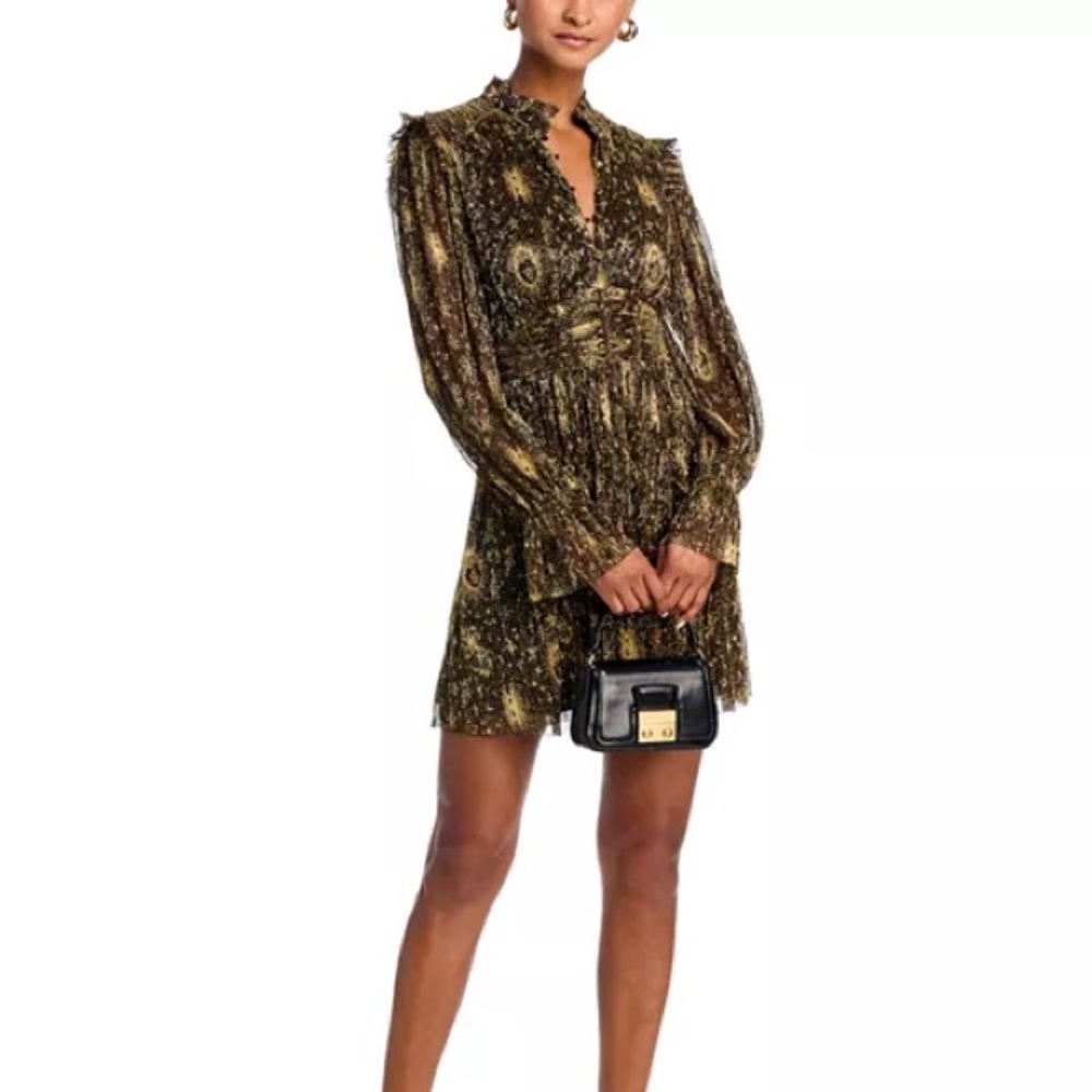 Aqua X Wicked Celestial Printed Metallic Mesh Overlay Long Sleeve Dress, Sz XS